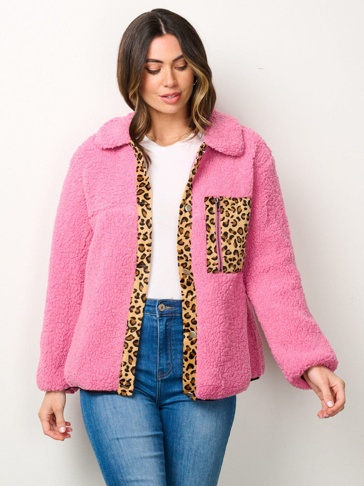WOMEN'S LONG SLEEVE BUTTON CLOSURE ANIMAL PRINT SHERPA JACKET