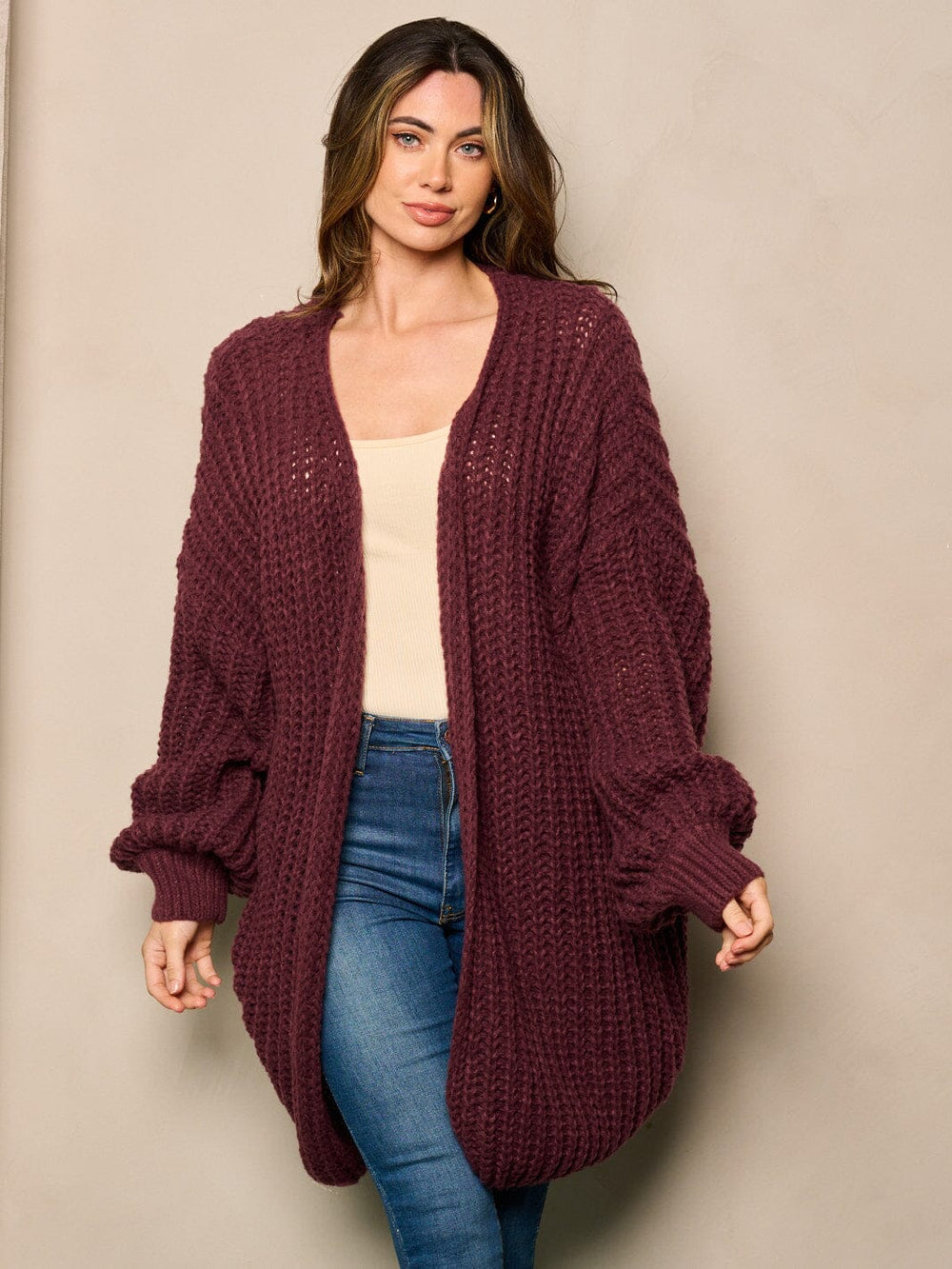 WOMEN'S LONG SLEEVE OPEN FRONT OVERSIZED KNIT CARDIGAN