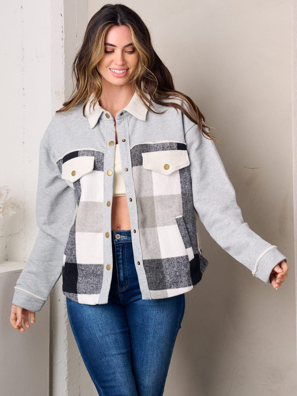 WOMEN'S LONG SLEEVE BUTTON UP PLAID JACKET