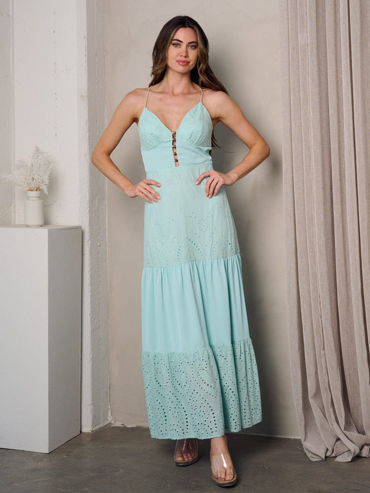 WOMEN'S SLEEVELESS V-NECK TIERED BACK TIE DETAILED MAXI DRESS
