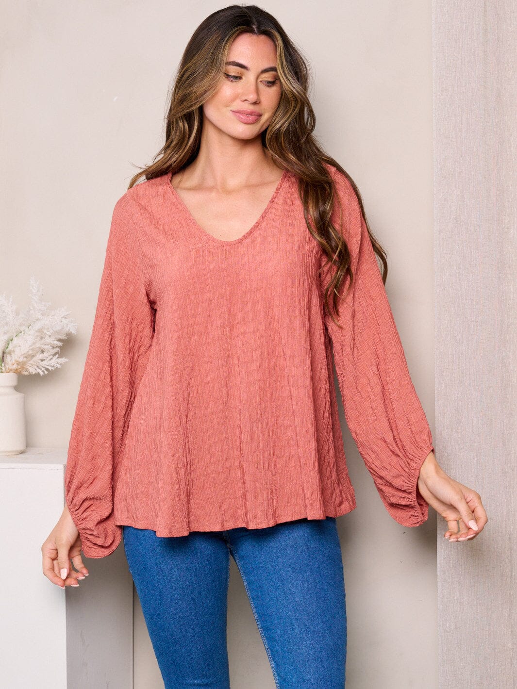 WOMEN'S LONG BALLON SLEEVES V-NECK LOOSE FIT TOP