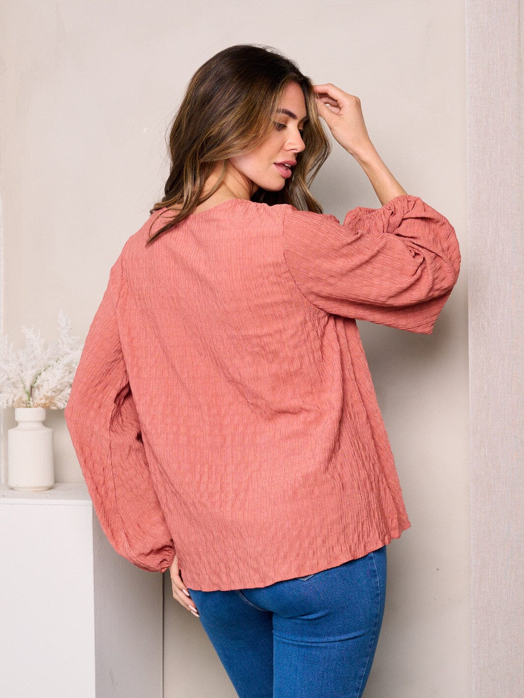 WOMEN'S LONG BALLON SLEEVES V-NECK LOOSE FIT TOP