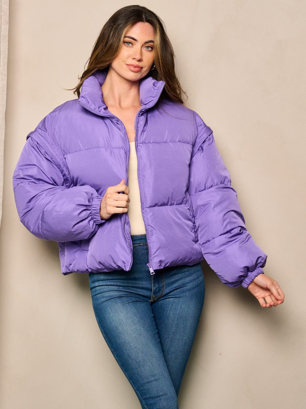 WOMEN'S LONG DETACHABLE SLEEVES ZIP UP BOMBER VEST JACKET