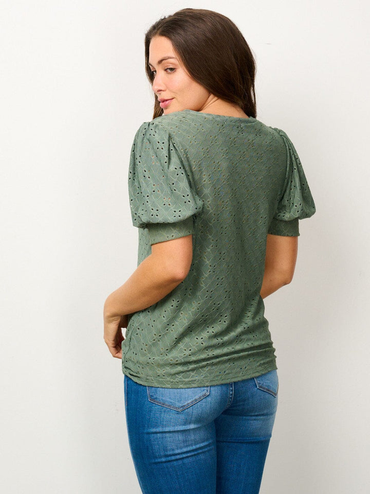 WOMEN'S SHORT PUFF SLEEVE EYELET DETAILED BLOUSE TOP
