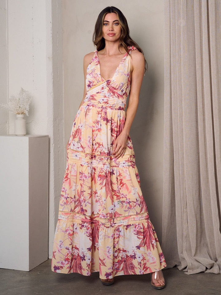 WOMEN'S SLEEVELESS V-NECK TIERED FLORAL MAXI DRESS