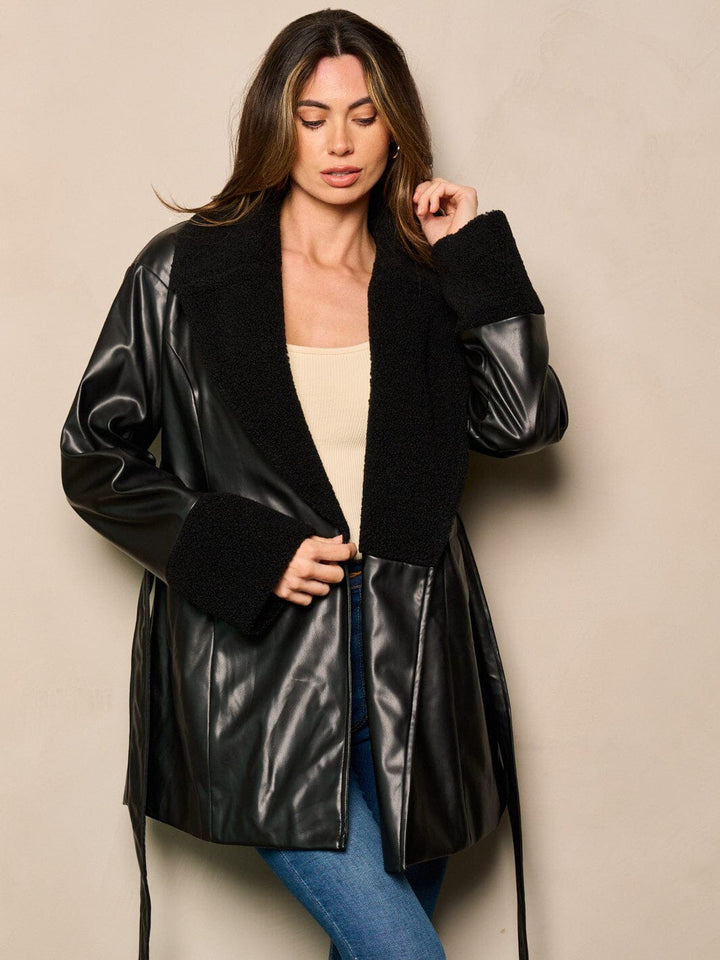 WOMEN'S LONG SLEEVE SHERPA PU PLEATHER SELF TIE JACKET