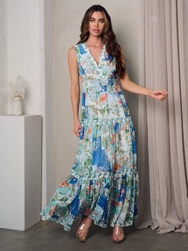 WOMEN'S SLEEVELESS V-NECK TIERED FLORAL MAXI DRESS