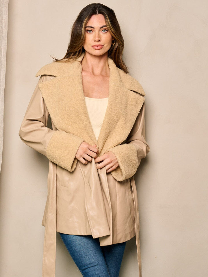 WOMEN'S LONG SLEEVE SHERPA PU PLEATHER SELF TIE JACKET