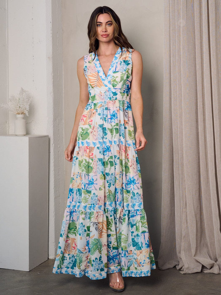 WOMEN'S SLEEVELESS V-NECK TIERED FLORAL MAXI DRESS