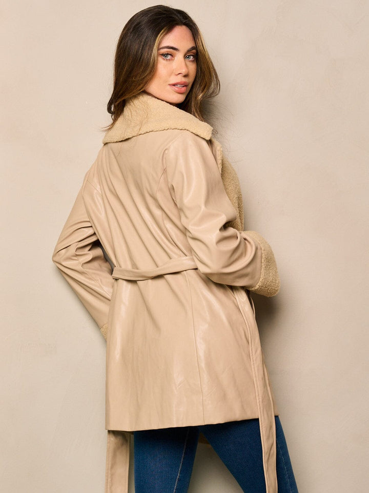 WOMEN'S LONG SLEEVE SHERPA PU PLEATHER SELF TIE JACKET