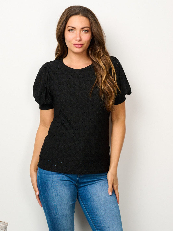 WOMEN'S SHORT PUFF SLEEVE EYELET DETAILED BLOUSE TOP