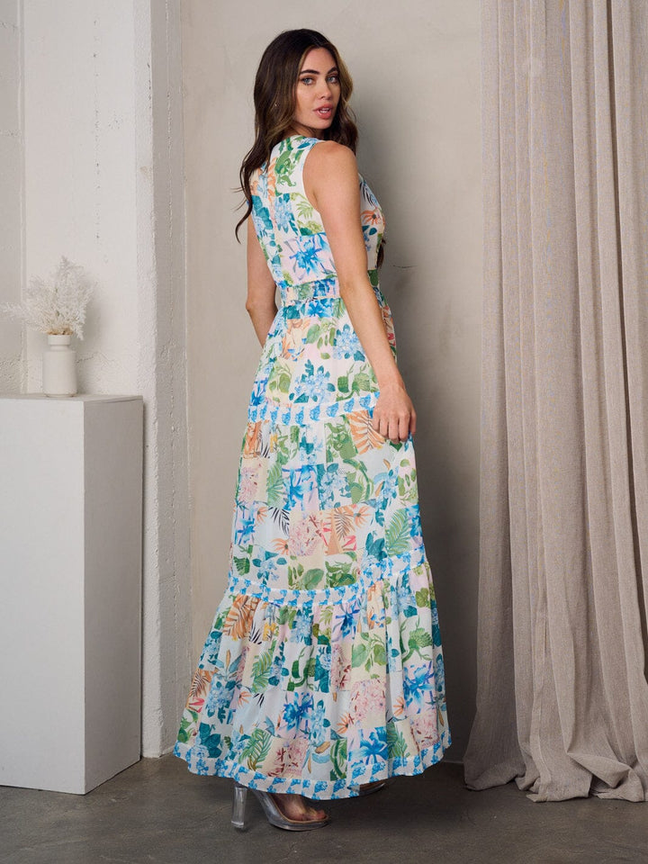 WOMEN'S SLEEVELESS V-NECK TIERED FLORAL MAXI DRESS