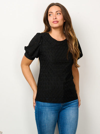 WOMEN'S SHORT PUFF SLEEVE EYELET DETAILED BLOUSE TOP