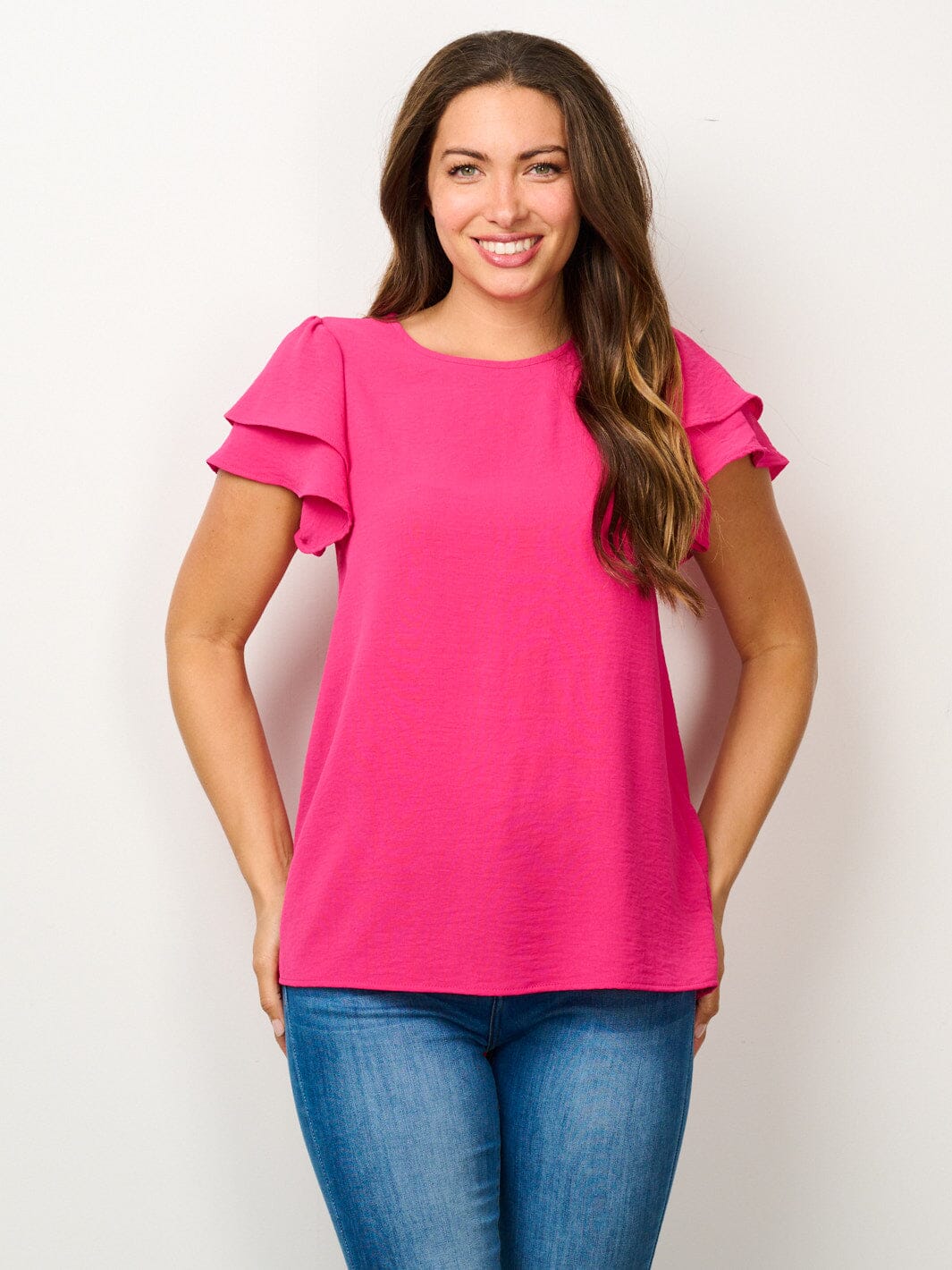 WOMEN'S SHORT RUFFLE SLEEVE SOLID BLOUSE TOP