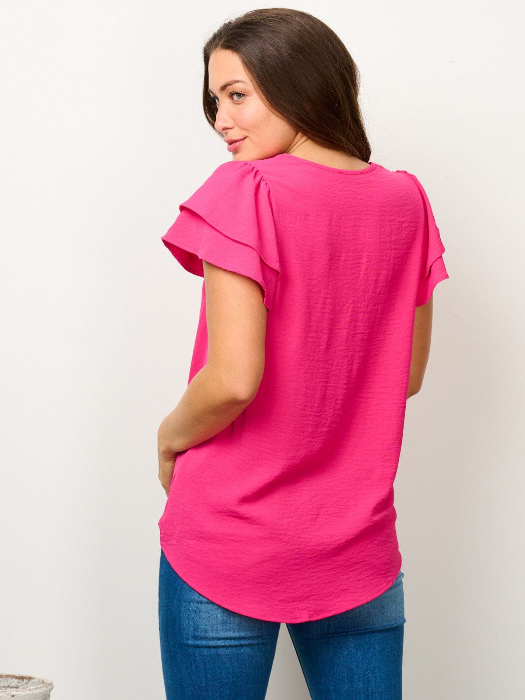 WOMEN'S SHORT RUFFLE SLEEVE SOLID BLOUSE TOP