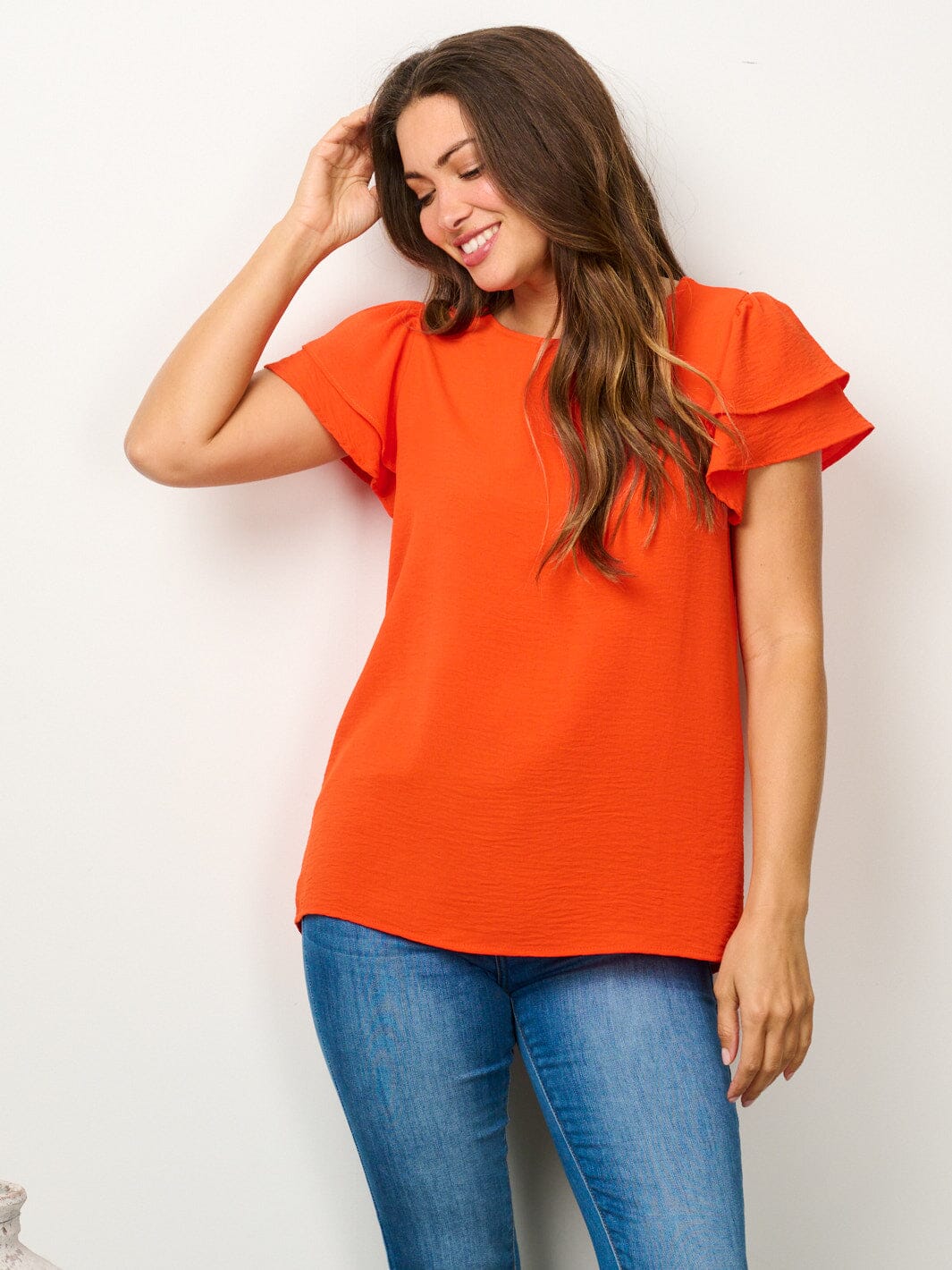 WOMEN'S SHORT RUFFLE SLEEVE SOLID BLOUSE TOP