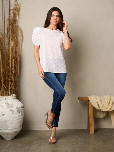 WOMEN'S SHORT PUFF SLEEVE FLORAL EMBROIDERY TOP