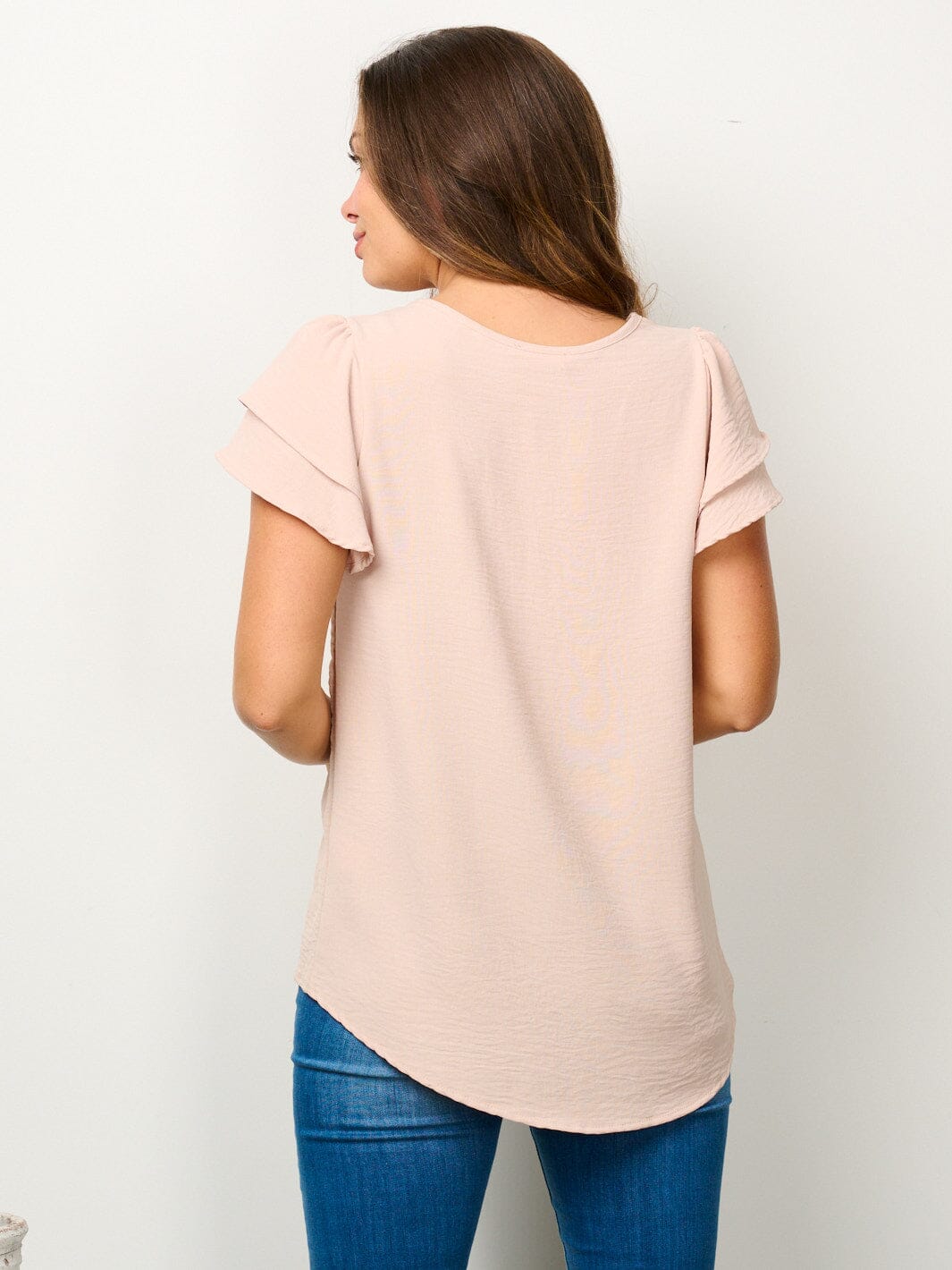 WOMEN'S SHORT RUFFLE SLEEVE SOLID BLOUSE TOP