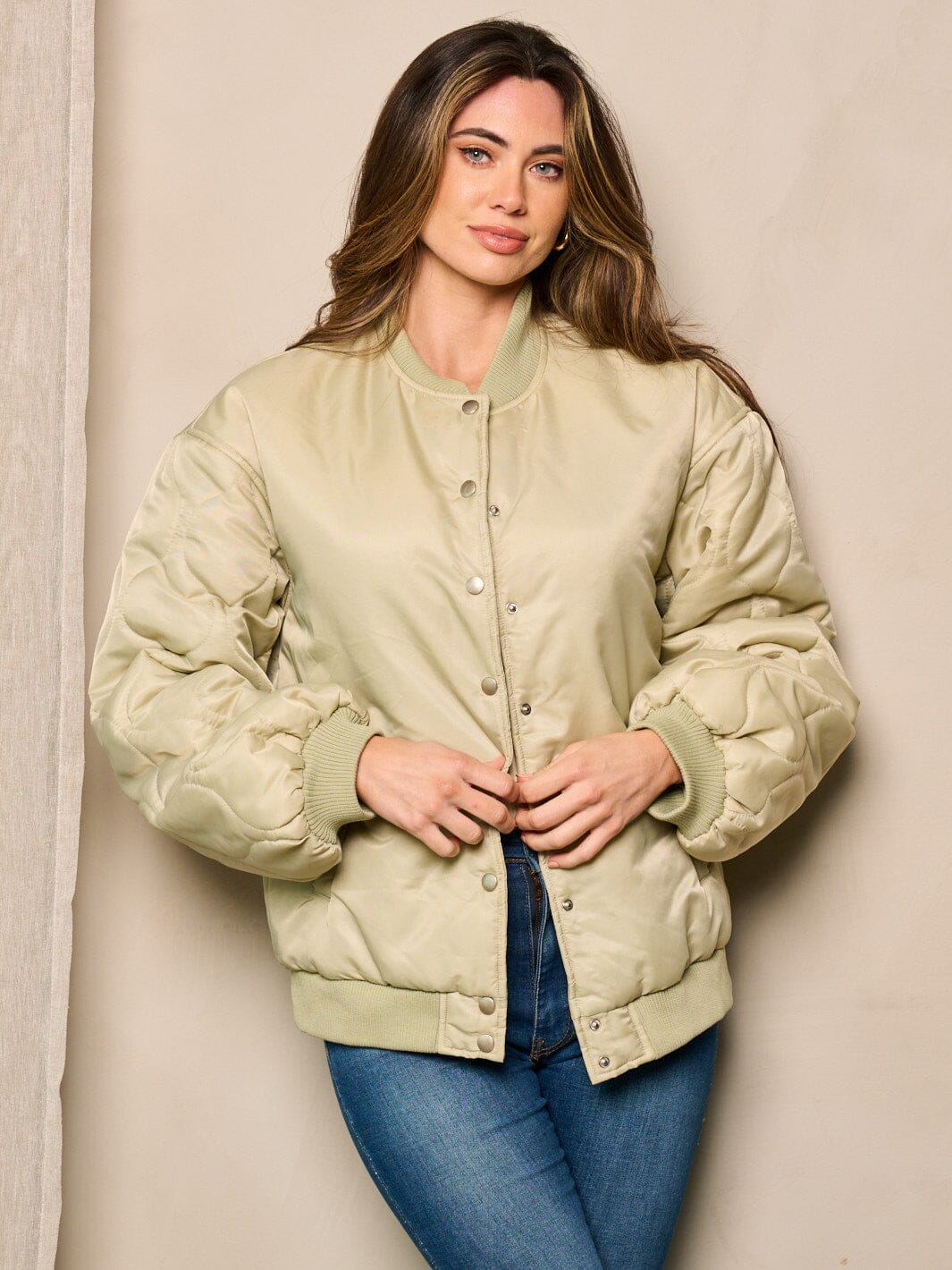 WOMEN'S LONG SLEEVE BUTTON CLOSURE POCKETS BOMBER JACKET