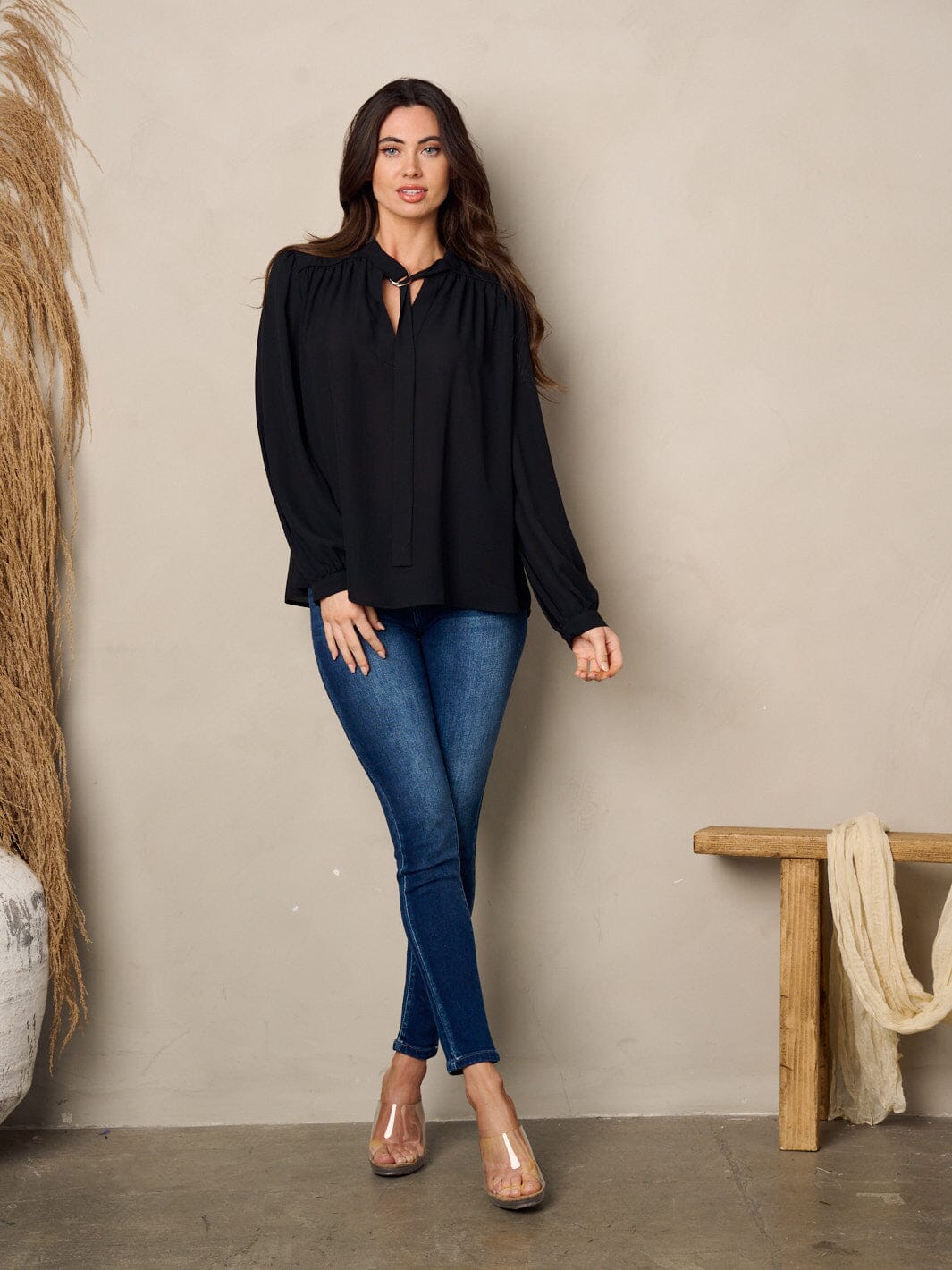 WOMEN'S LONG SLEEVE NECK TIE BLOUSE TOP