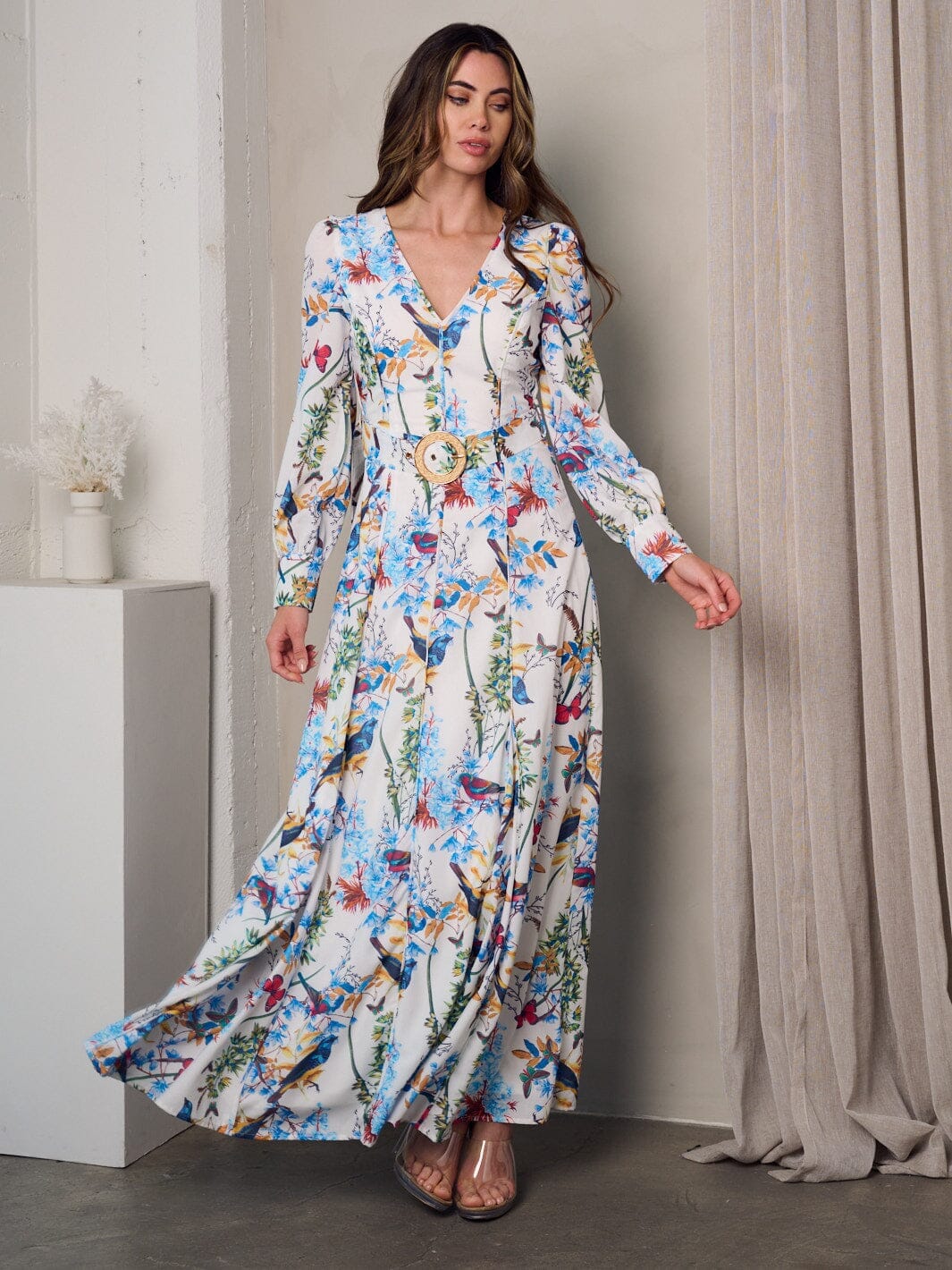 WOMEN'S LONG SLEEVE V-NECK MULTI PRINT BELTED MAXI DRESS