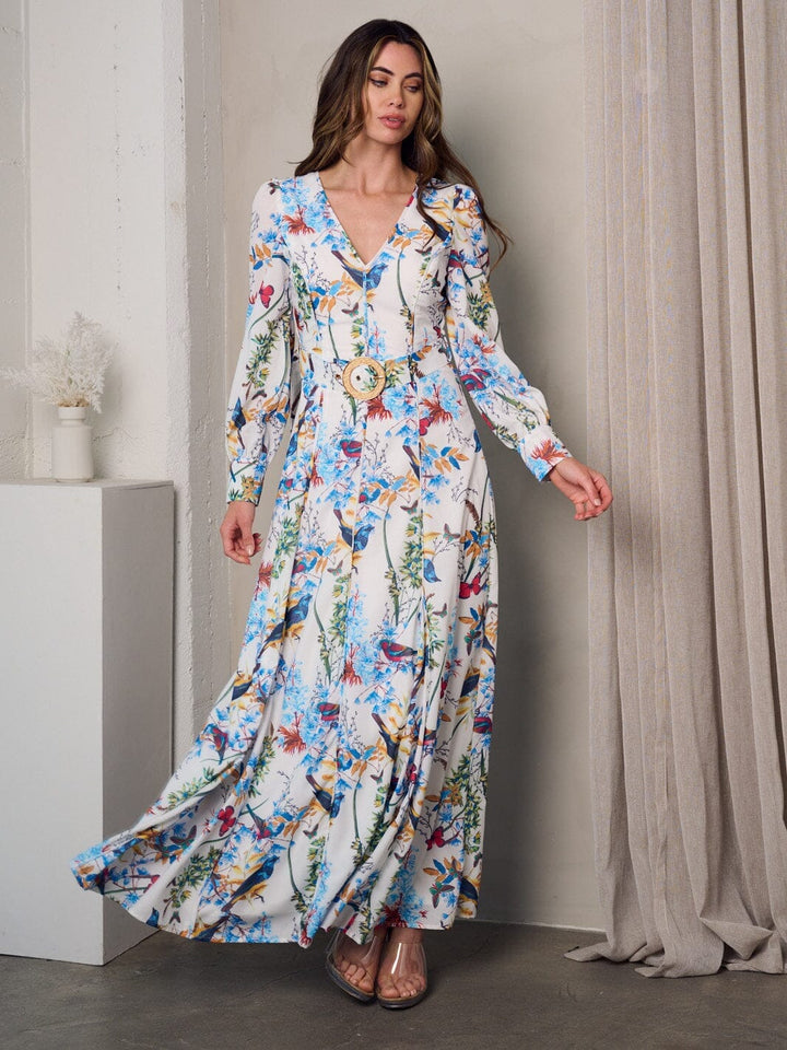 WOMEN'S LONG SLEEVE V-NECK MULTI PRINT BELTED MAXI DRESS