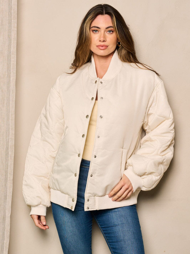 WOMEN'S LONG SLEEVE BUTTON CLOSURE POCKETS BOMBER JACKET