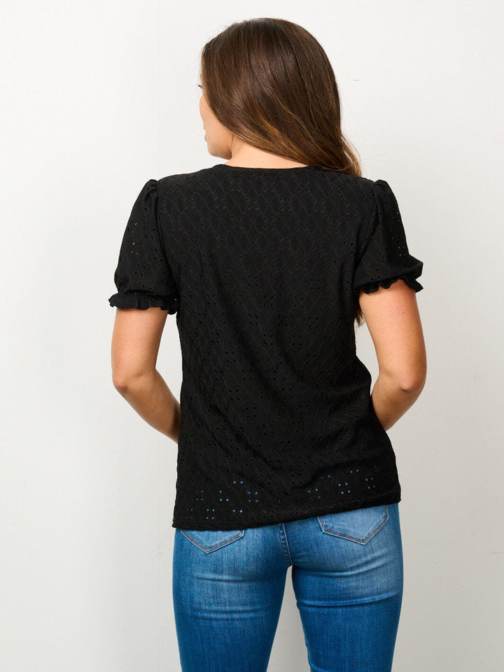 WOMEN'S SHORT SLEEVE EYELET DETAILED BLOUSE TOP