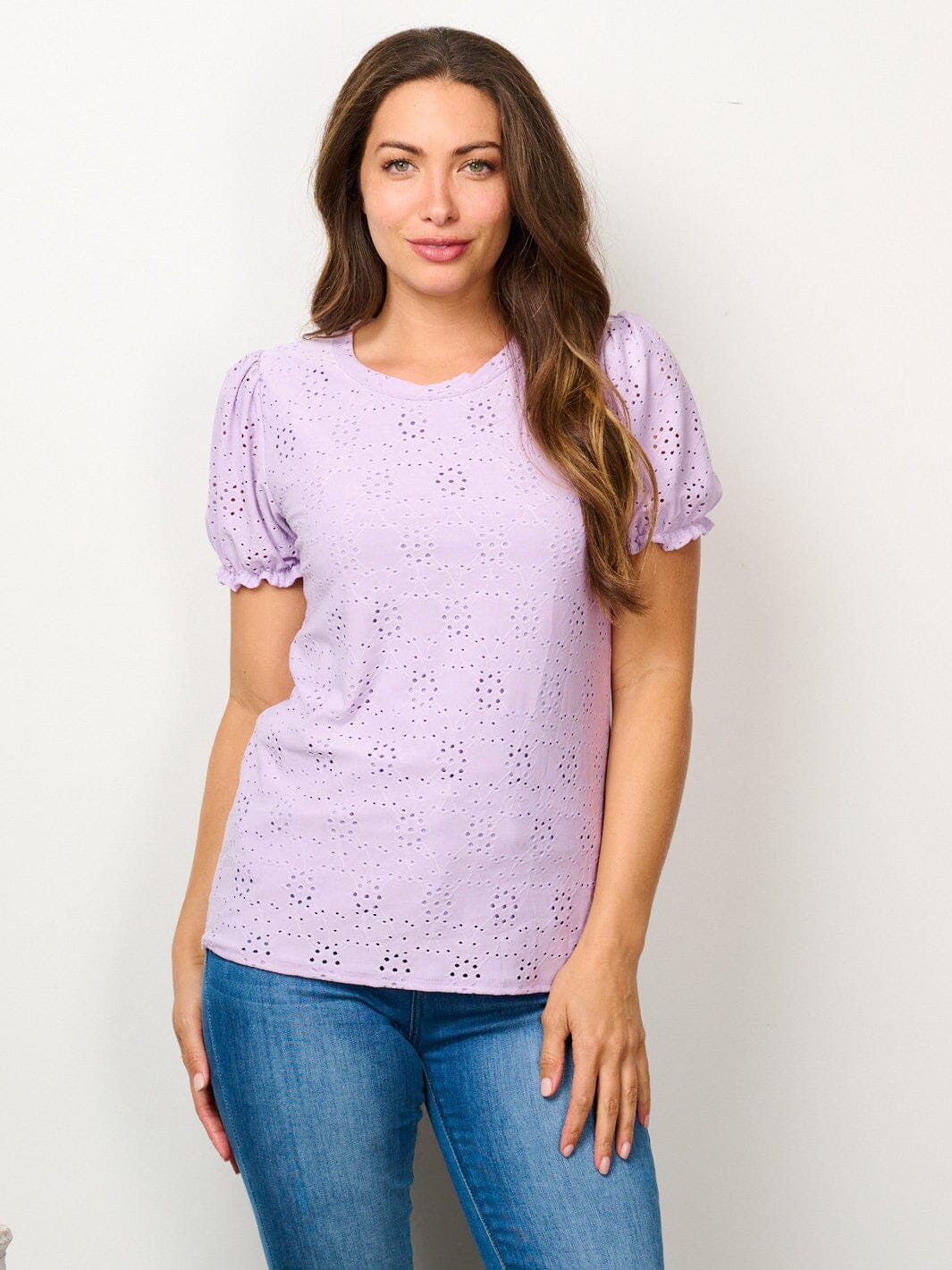 WOMEN'S SHORT SLEEVE EYELET DETAILED BLOUSE TOP