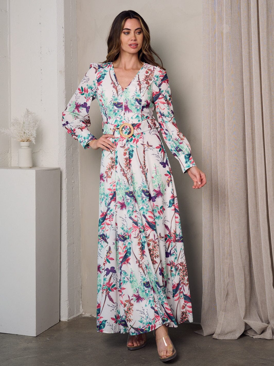 WOMEN'S LONG SLEEVE V-NECK MULTI PRINT BELTED MAXI DRESS