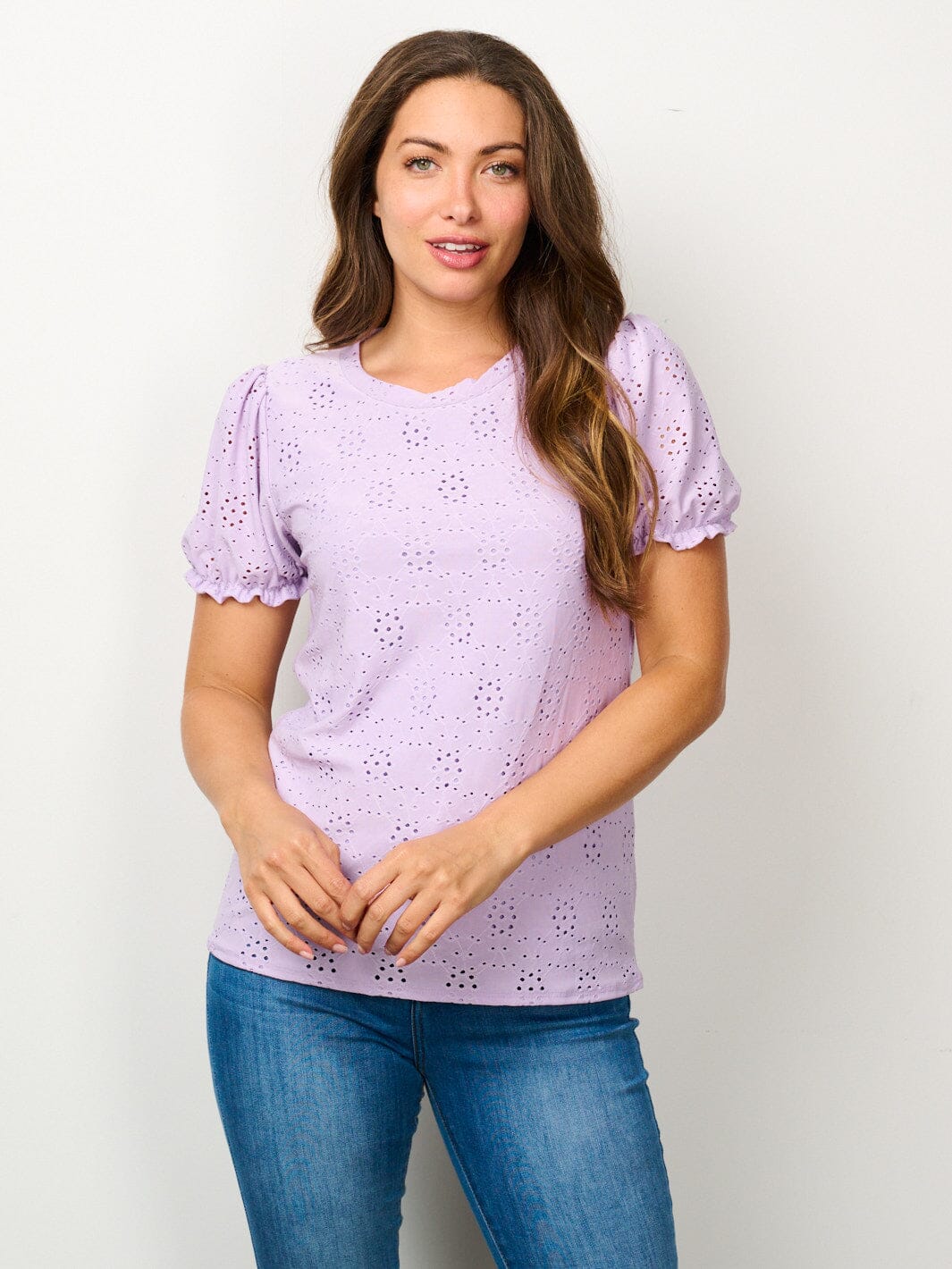 WOMEN'S SHORT SLEEVE EYELET DETAILED BLOUSE TOP