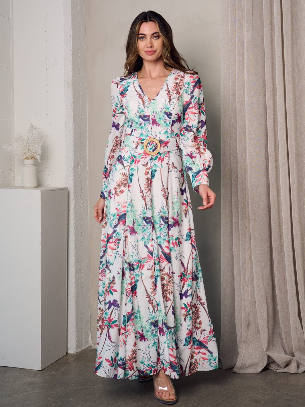 WOMEN'S LONG SLEEVE V-NECK MULTI PRINT BELTED MAXI DRESS