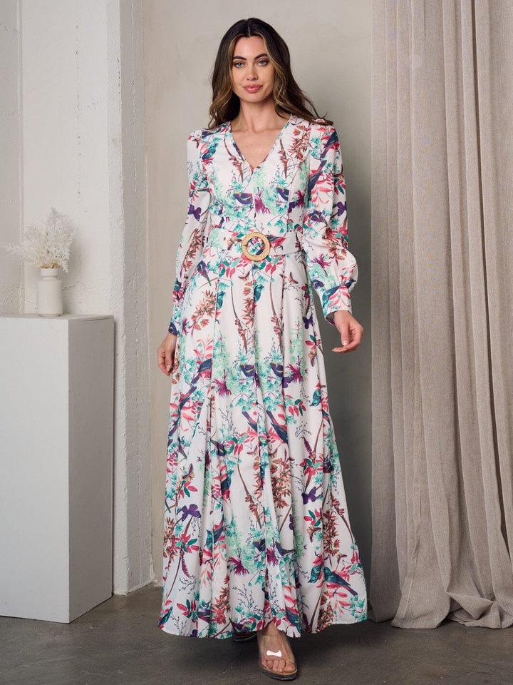 WOMEN'S LONG SLEEVE V-NECK MULTI PRINT BELTED MAXI DRESS