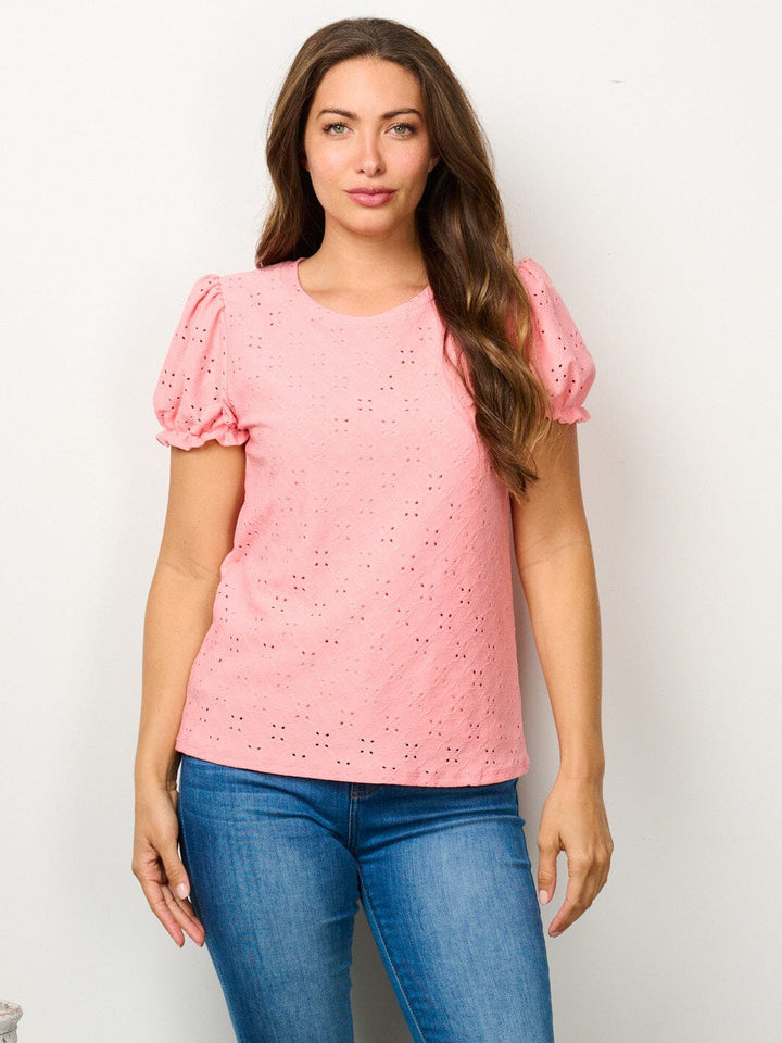 WOMEN'S SHORT SLEEVE EYELET DETAILED BLOUSE TOP