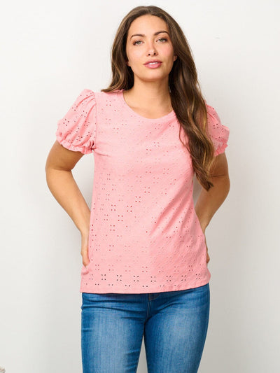 WOMEN'S SHORT SLEEVE EYELET DETAILED BLOUSE TOP