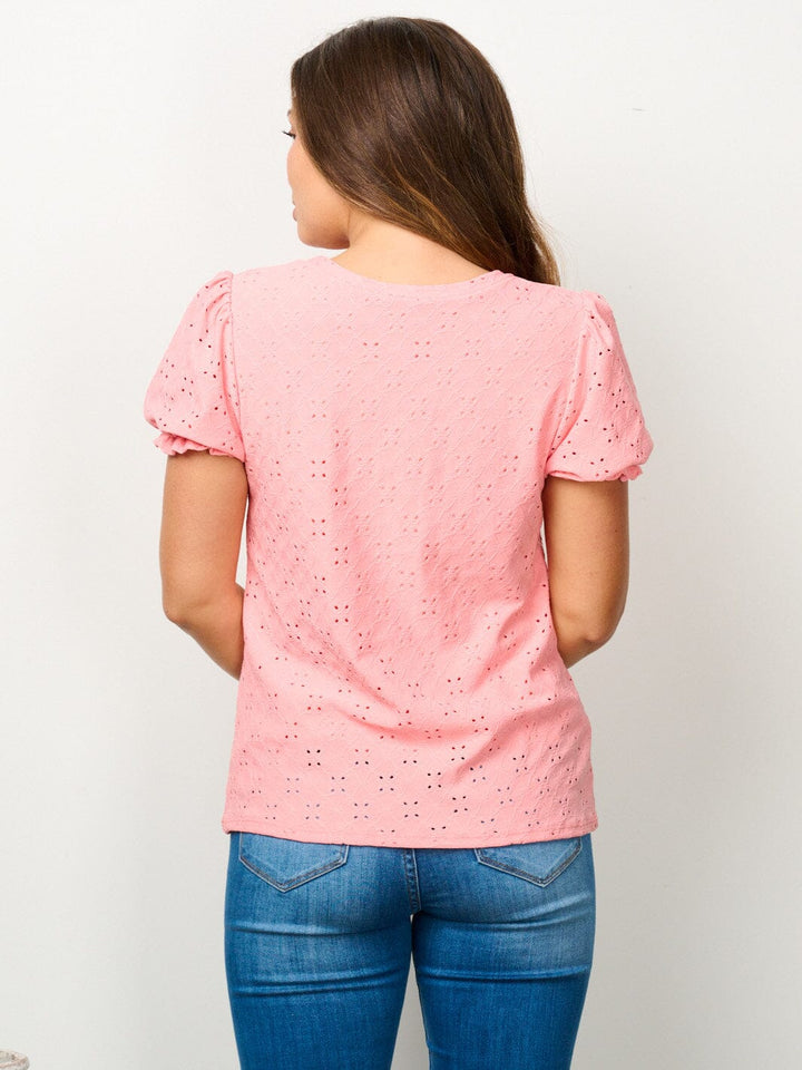 WOMEN'S SHORT SLEEVE EYELET DETAILED BLOUSE TOP