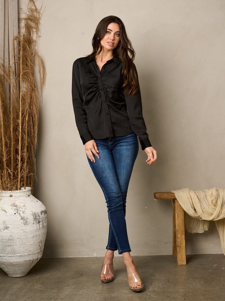 WOMEN'S LONG SLEEVE BUTTON UP FRONT RUCHED BLOUSE TOP