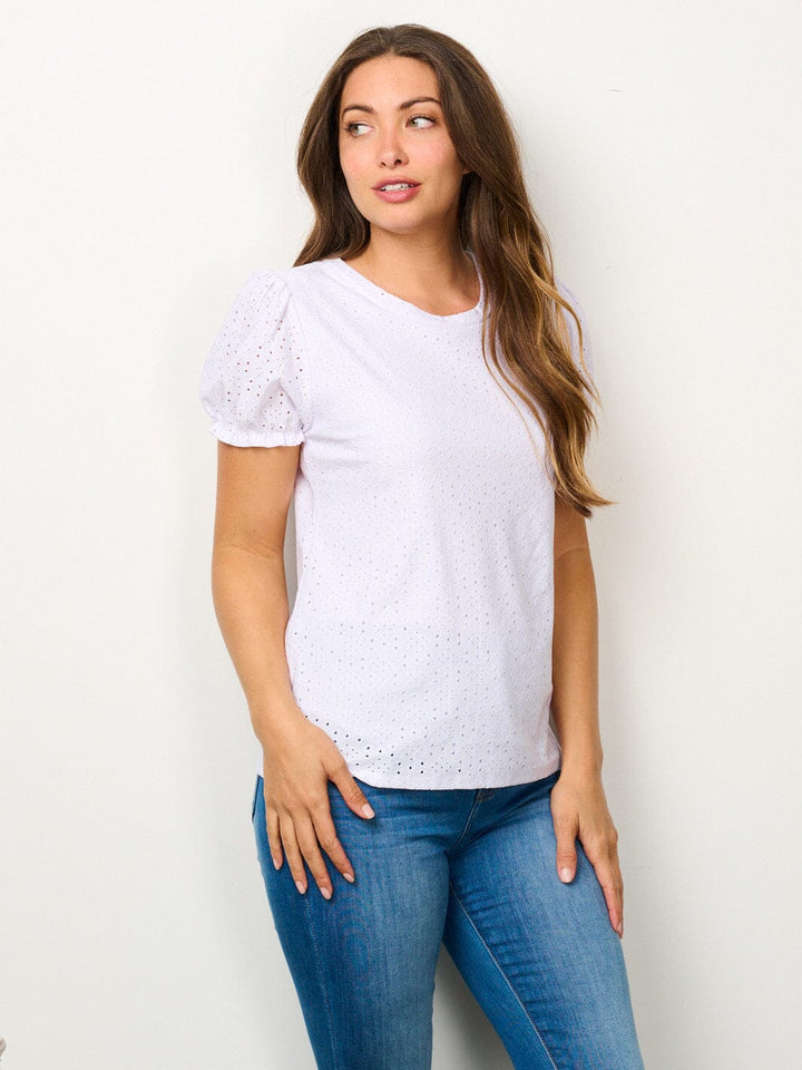 WOMEN'S SHORT SLEEVE EYELET DETAILED BLOUSE TOP