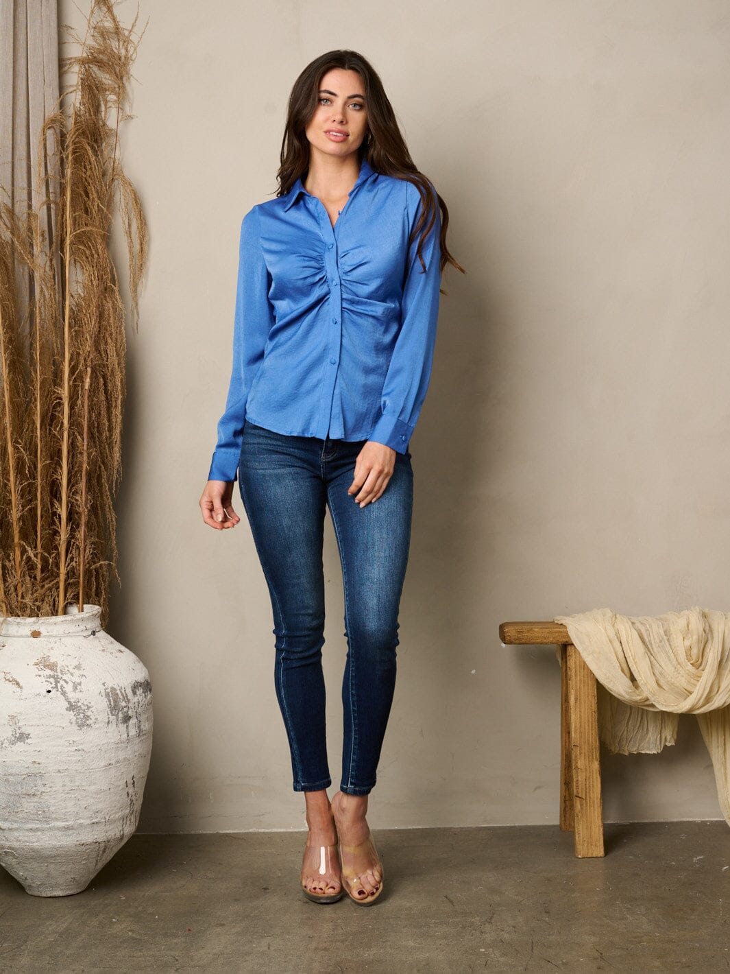 WOMEN'S LONG SLEEVE BUTTON UP FRONT RUCHED BLOUSE TOP