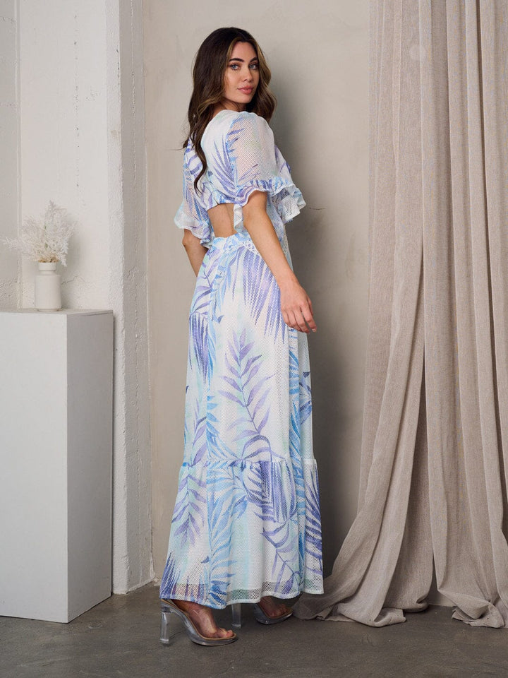 WOMEN'S SHORT SLEEVE V-NECK OPEN BACK LEAF PRINT MAXI DRESS