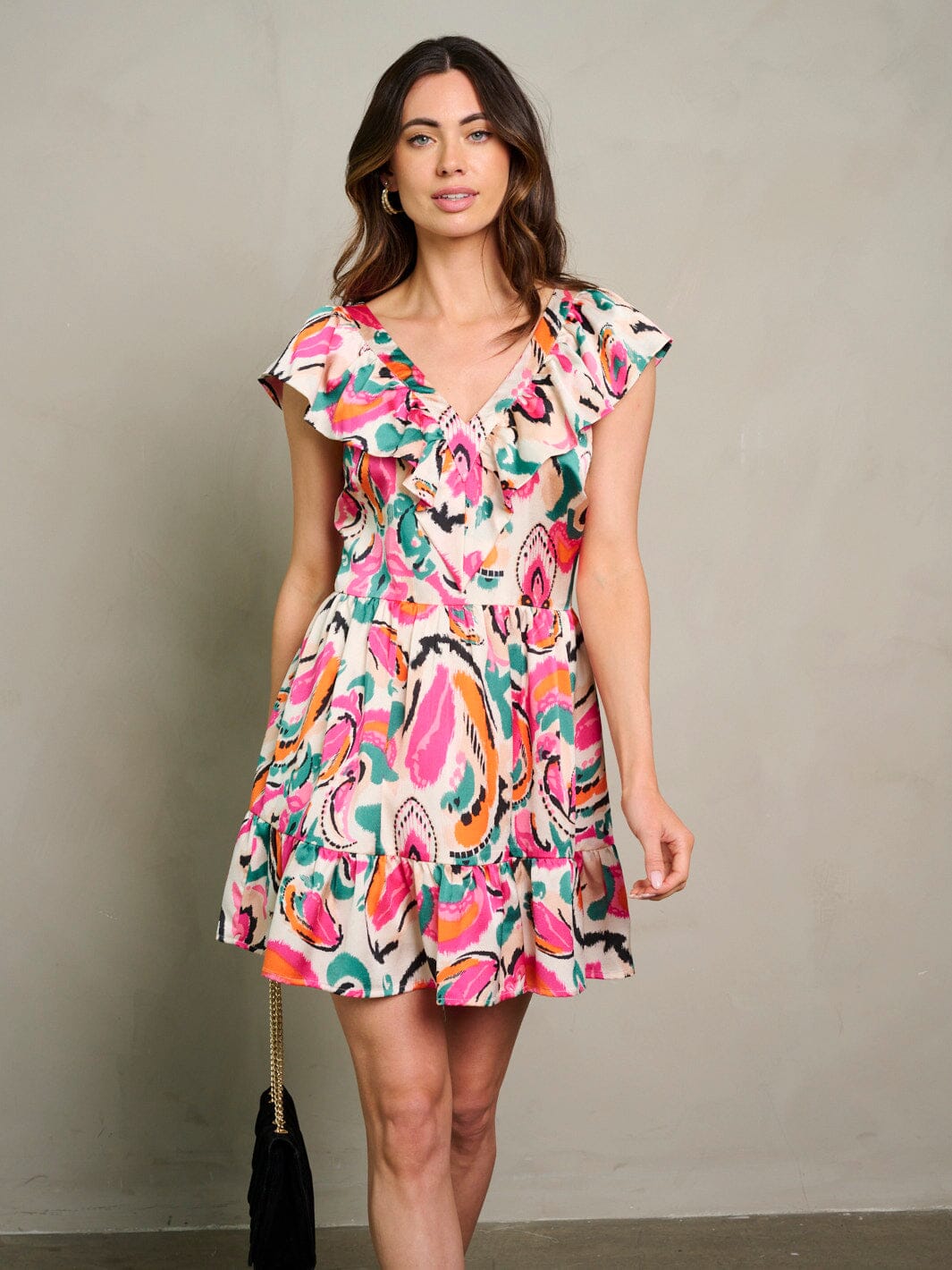 WOMEN'S RUFFLE SLEEVES V-NECK FLORAL MINI DRESS
