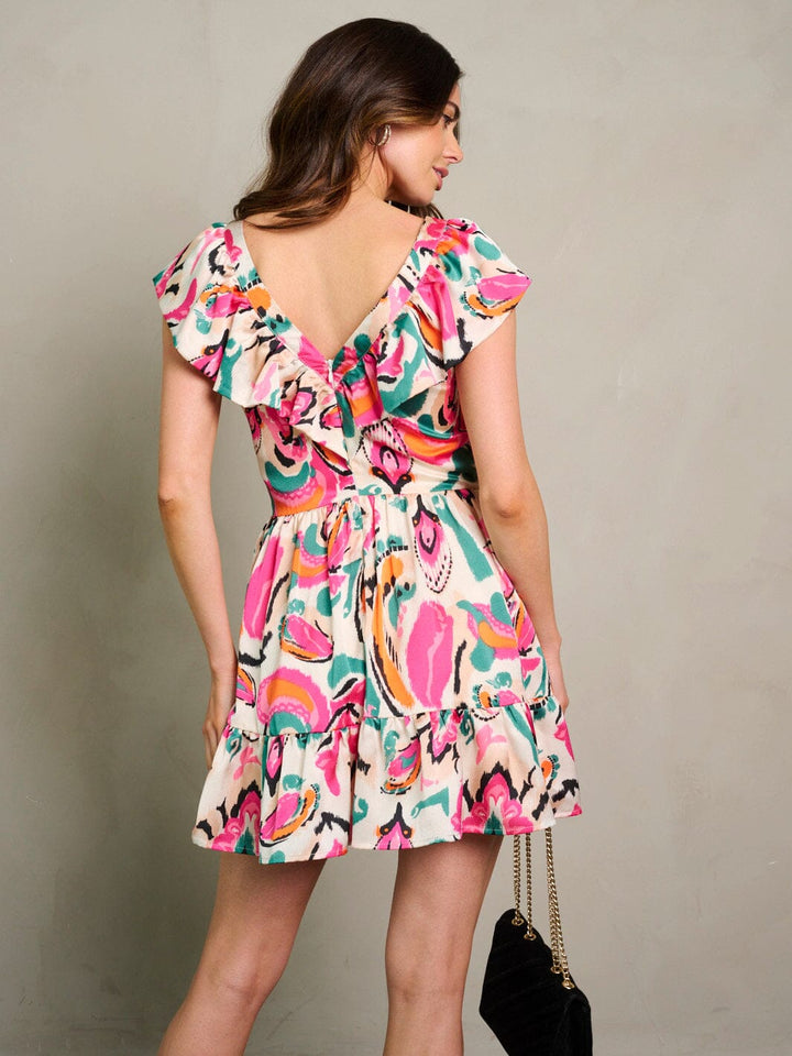 WOMEN'S RUFFLE SLEEVES V-NECK FLORAL MINI DRESS