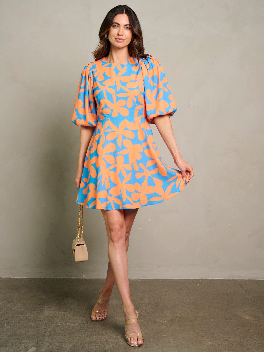 WOMEN'S SHORT PUFF SLEEVE MULTI PRINT MINI DRESS