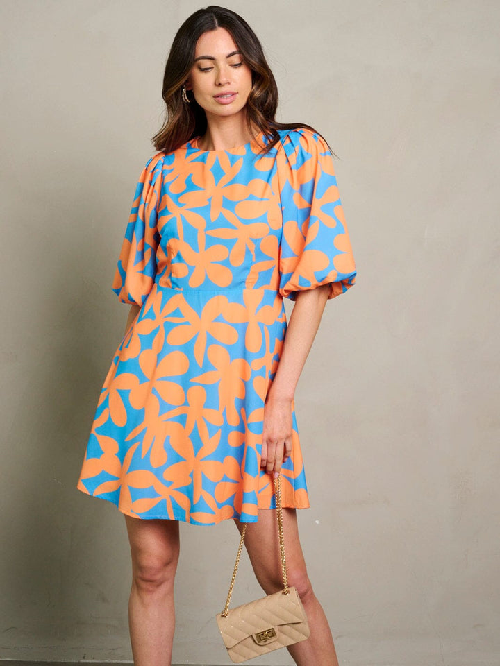 WOMEN'S SHORT PUFF SLEEVE MULTI PRINT MINI DRESS