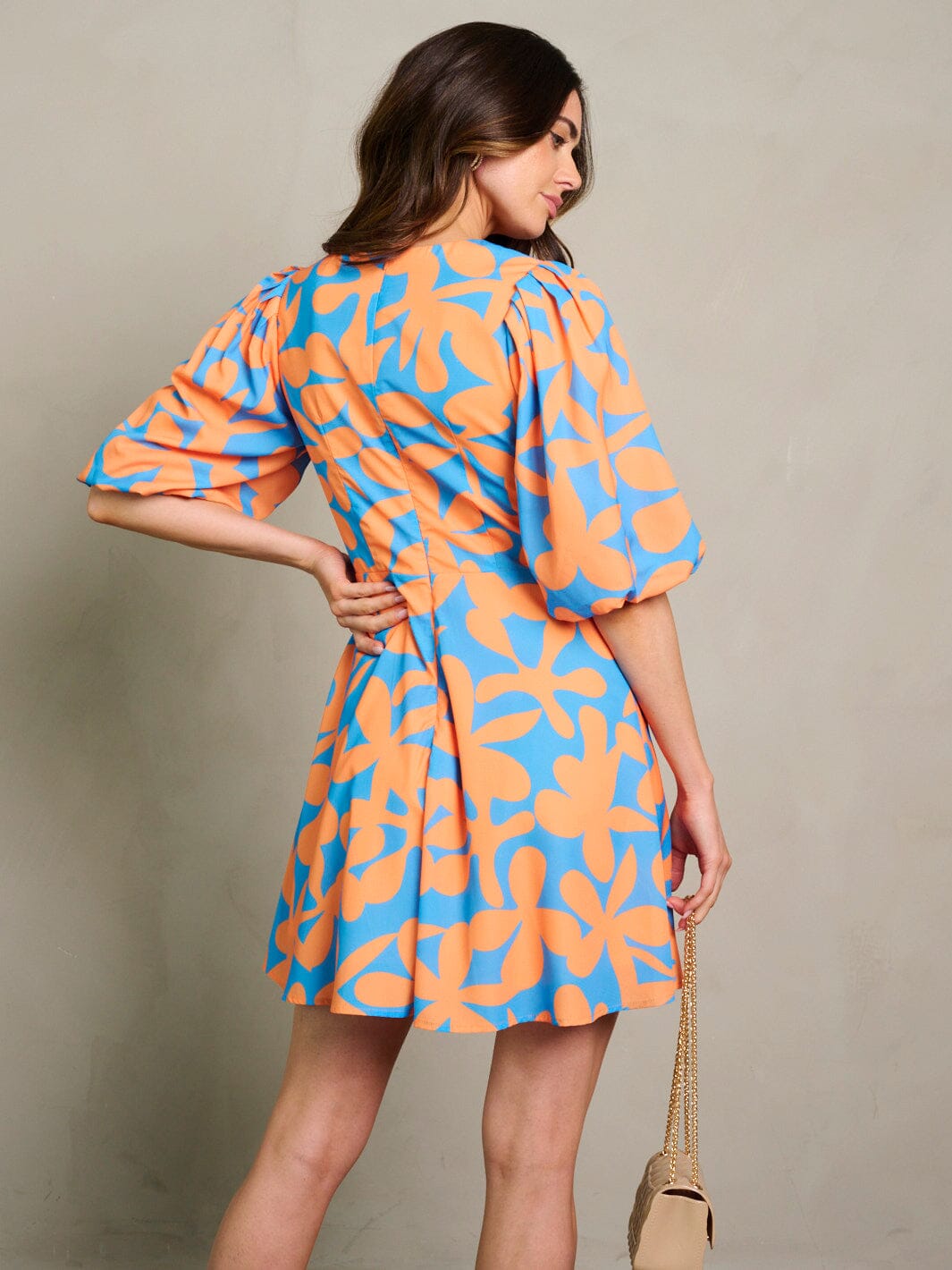 WOMEN'S SHORT PUFF SLEEVE MULTI PRINT MINI DRESS