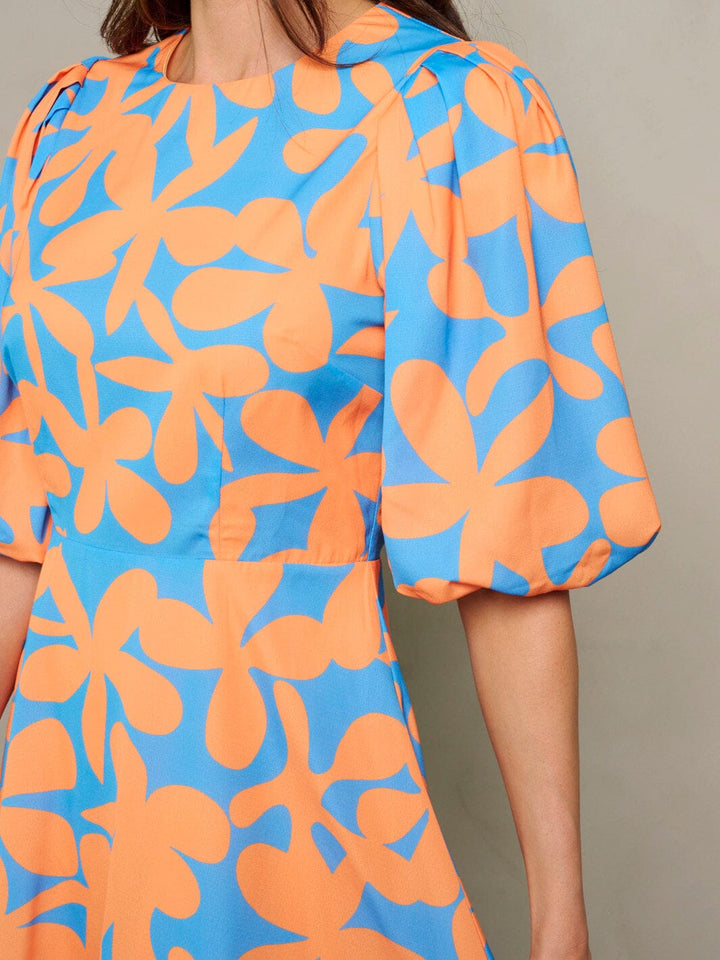 WOMEN'S SHORT PUFF SLEEVE MULTI PRINT MINI DRESS