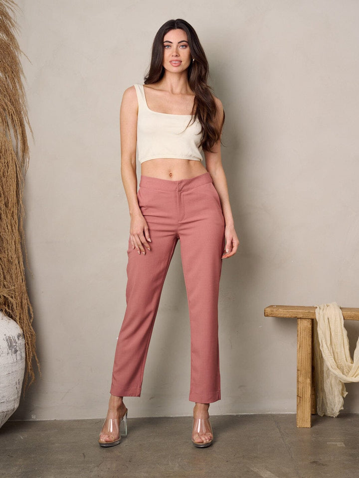 WOMEN'S BUTTON CLOSURE SOLID POCKETS PANTS