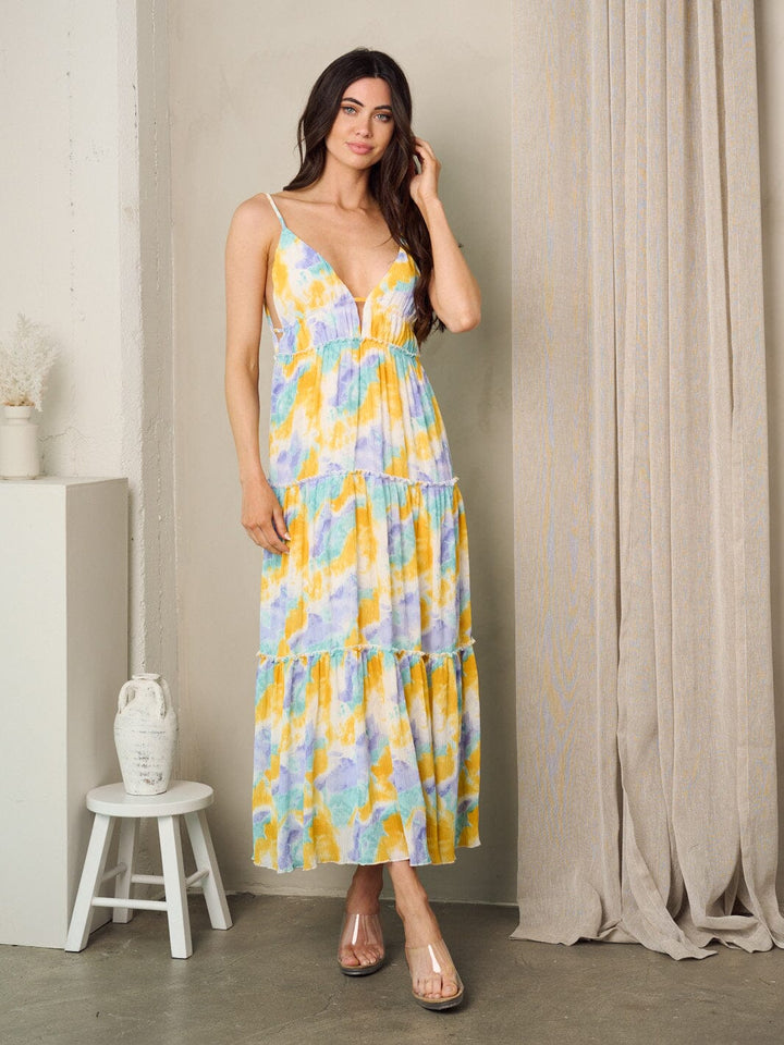 WOMEN'S SLEEVELESS TIERED V-NECK TIE DYE MAXI DRESS