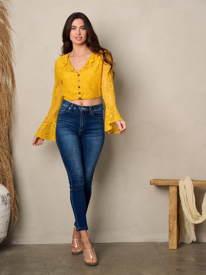 WOMEN'S LONG BELL SLEEVE RUFFLE BUTTON UP CROP TOP