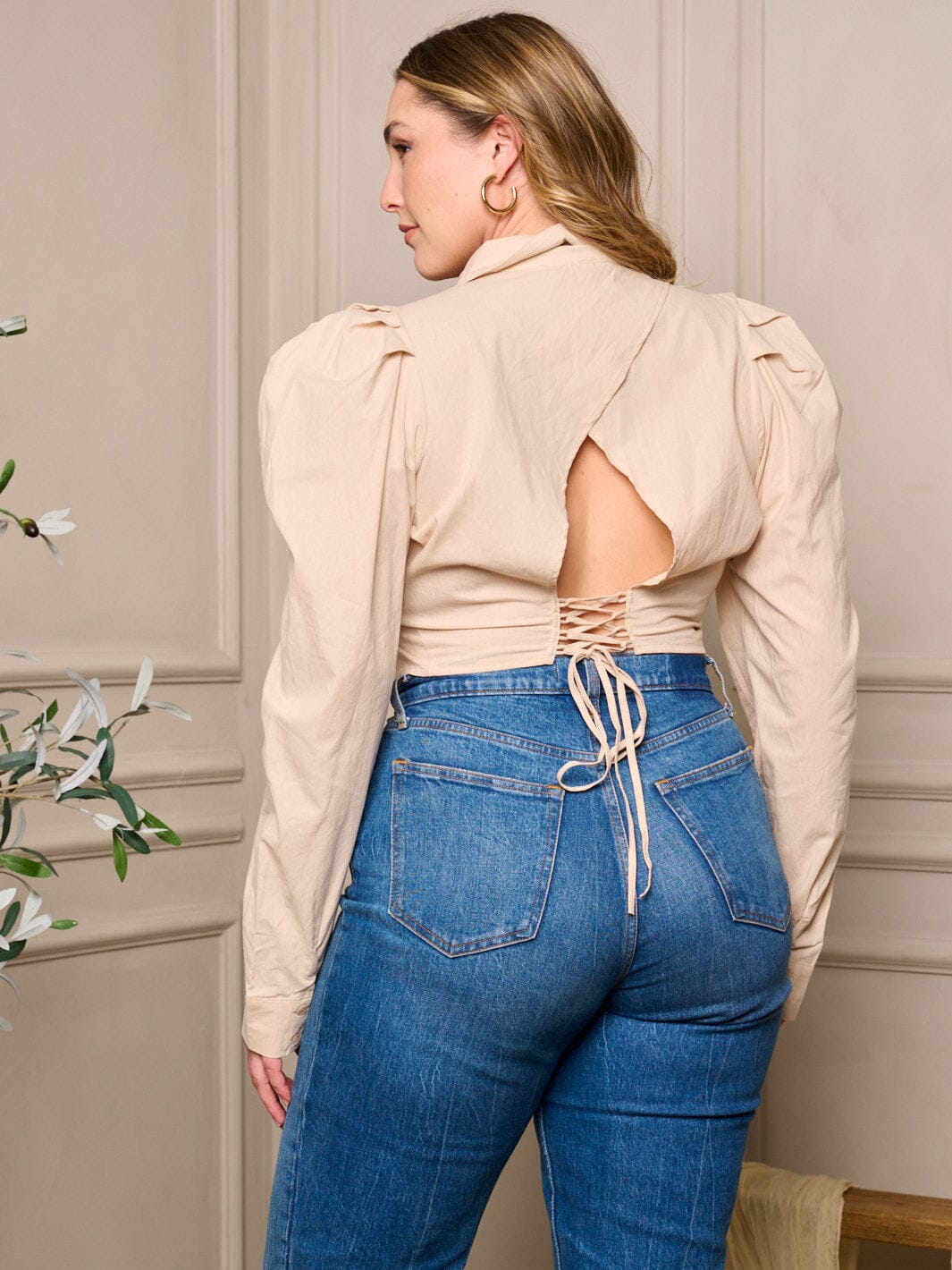 PLUS SIZE LONG PUFF SLEEVE BUTTON UP BLOUSE CROP TOP